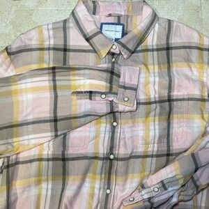 American Eagle Womens XL Pink Yellow Plaid Flannel Button Down Shirt Relaxed Fit